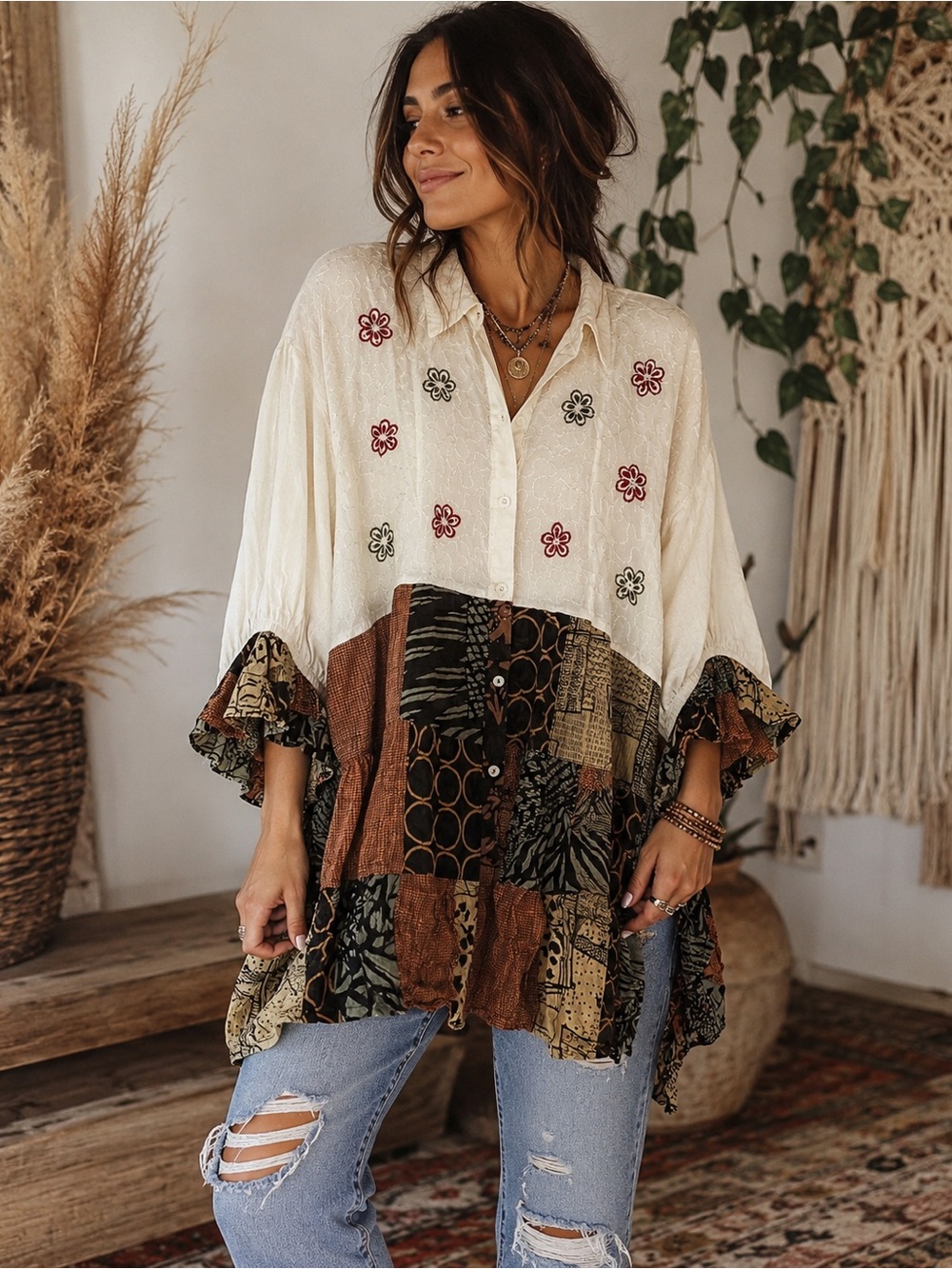 Young Threads Embroidered Boho Patchwork Top NWT L